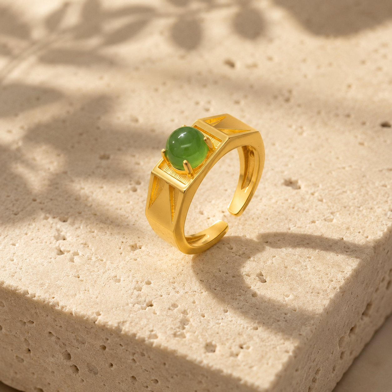 18K Gold Plated Green Agate Ring | Vintage Adjustable Signet Band
