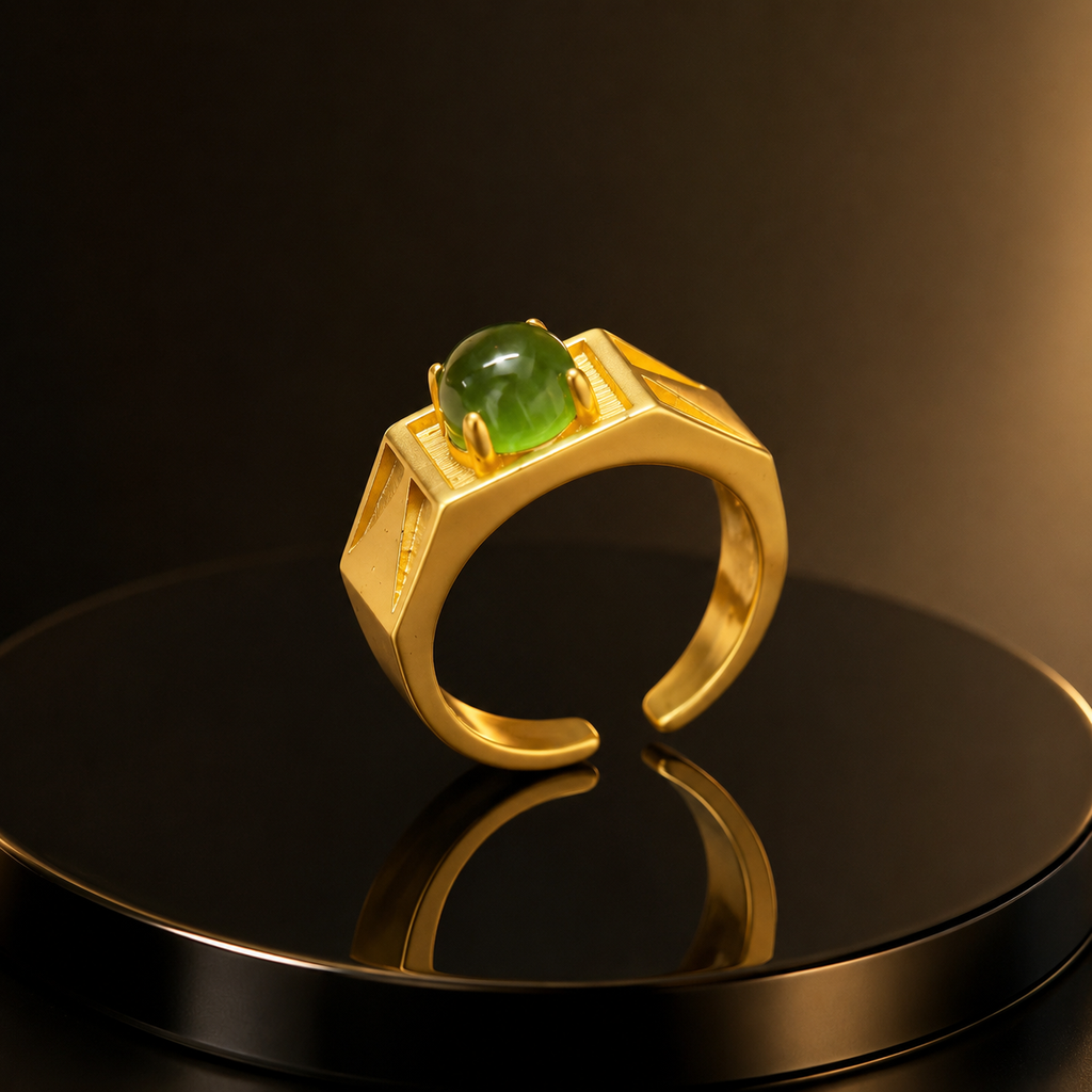 18K Gold Plated Green Agate Ring | Vintage Adjustable Signet Band