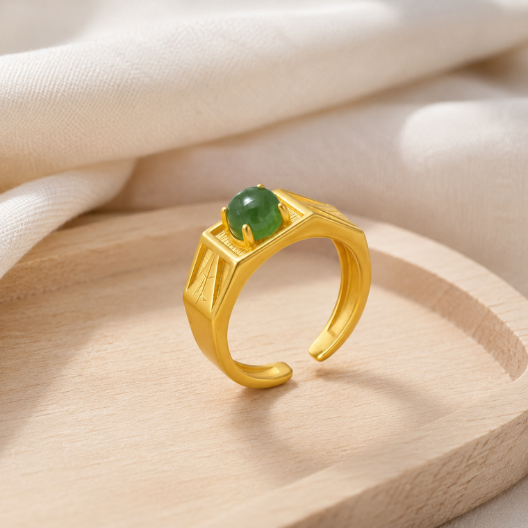 Green Agate Geometric Adjustable Signet Ring in 18K Gold-Plated Brass