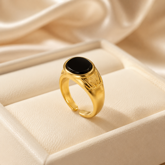 18K Gold Plated Black Agate Signet Ring | Vintage Adjustable Statement Band