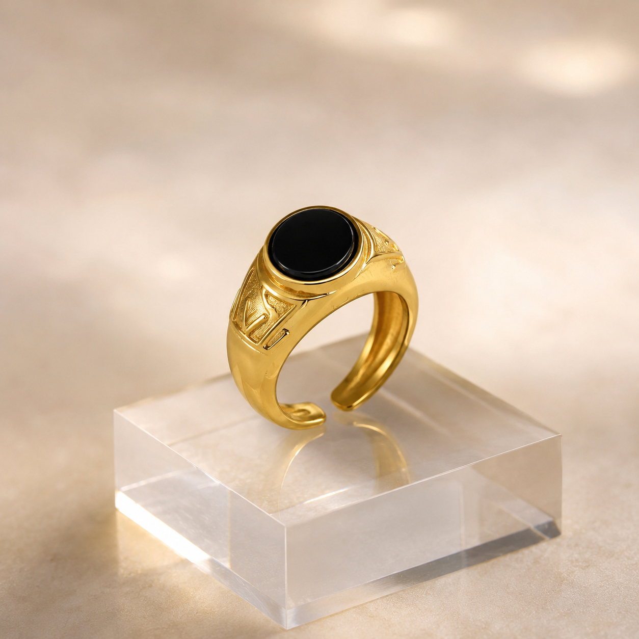 18K Gold Plated Black Agate Signet Ring | Vintage Adjustable Statement Band