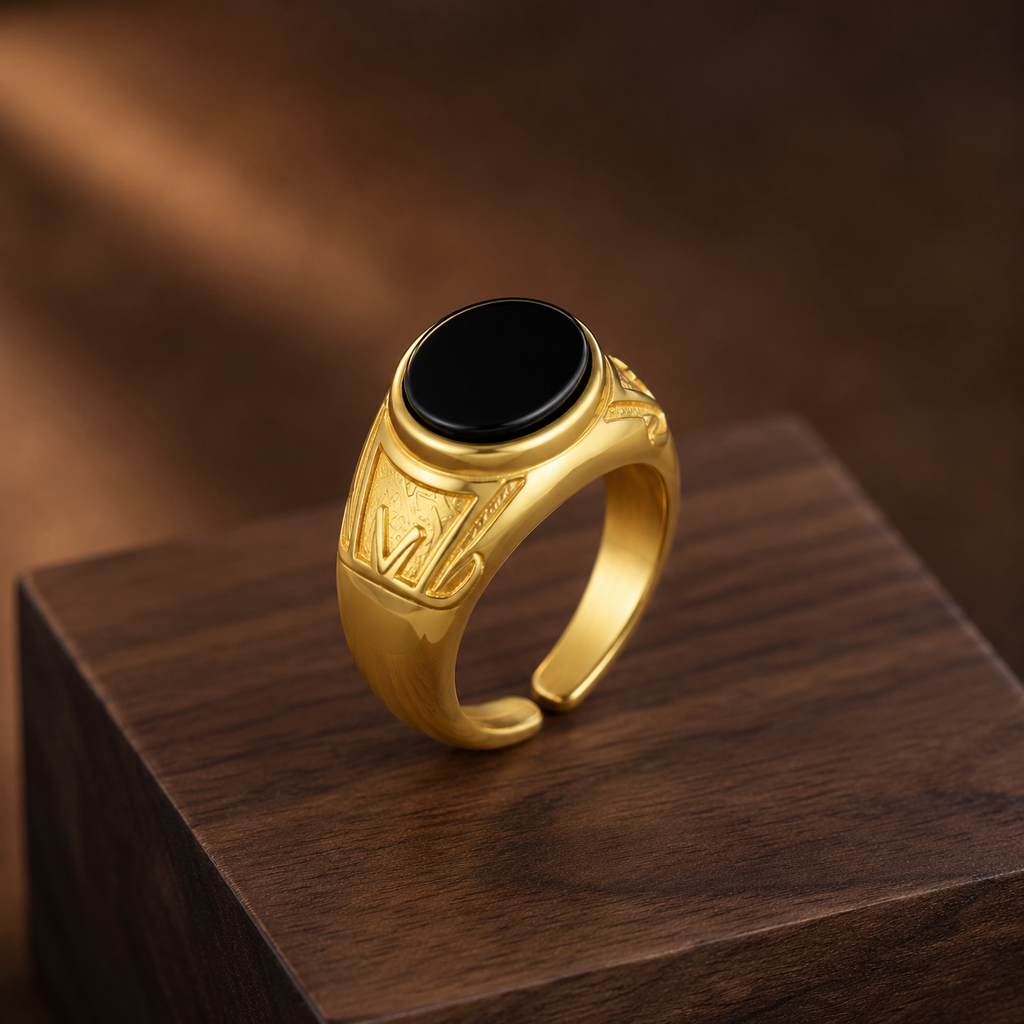 18K Gold Plated Black Agate Signet Ring | Vintage Adjustable Statement Band