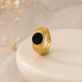 18K Gold Plated Black Agate Signet Ring | Vintage Adjustable Statement Band