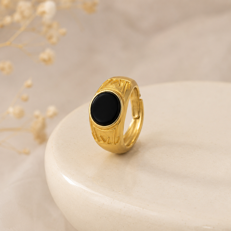 Oval Black Agate Adjustable Signet Ring in 18K Gold-Plated Brass