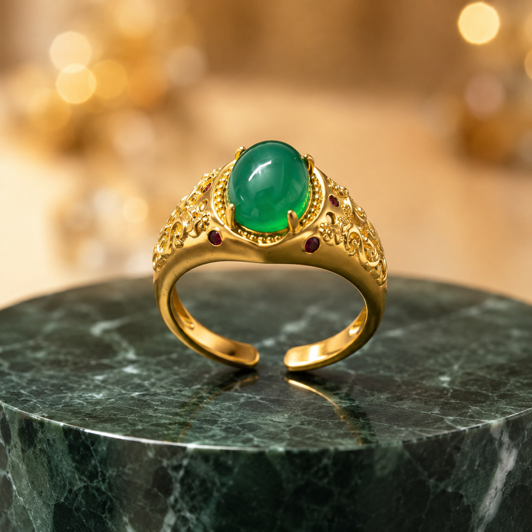 Green Agate Ornate Adjustable Ring in 18K Gold-Plated Brass