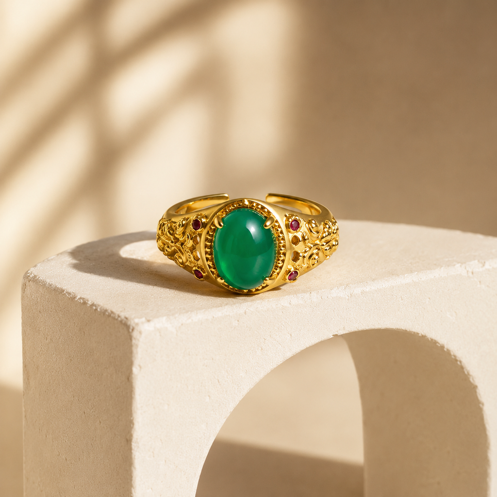 18K Gold Plated Green Agate Ring | Vintage Ornate Adjustable Statement Band