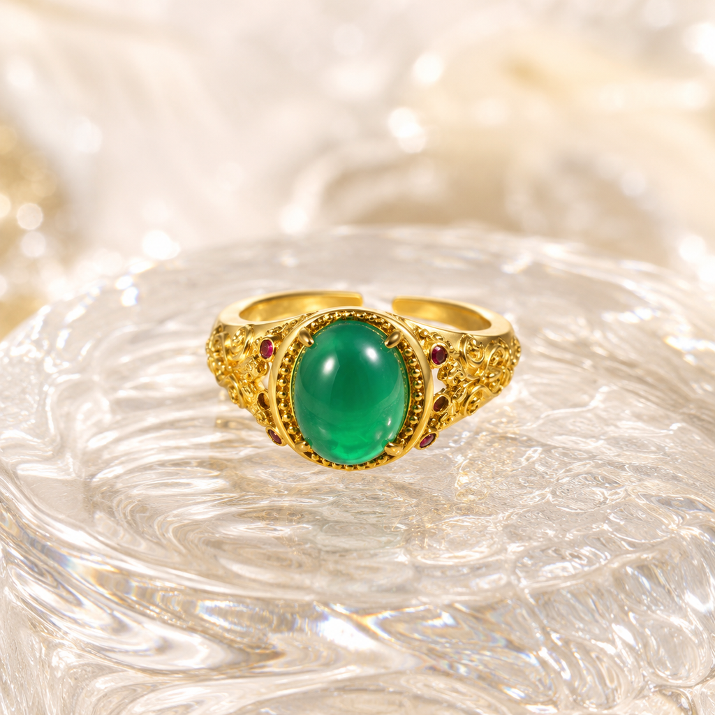 18K Gold Plated Green Agate Ring | Vintage Ornate Adjustable Statement Band