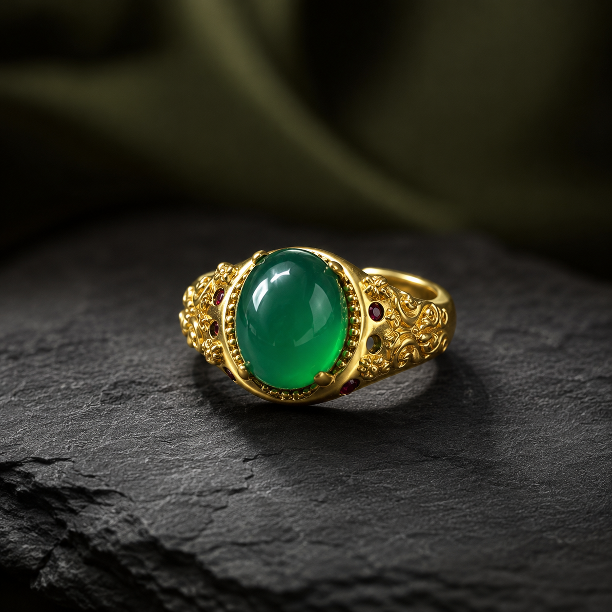 18K Gold Plated Green Agate Ring | Vintage Ornate Adjustable Statement Band