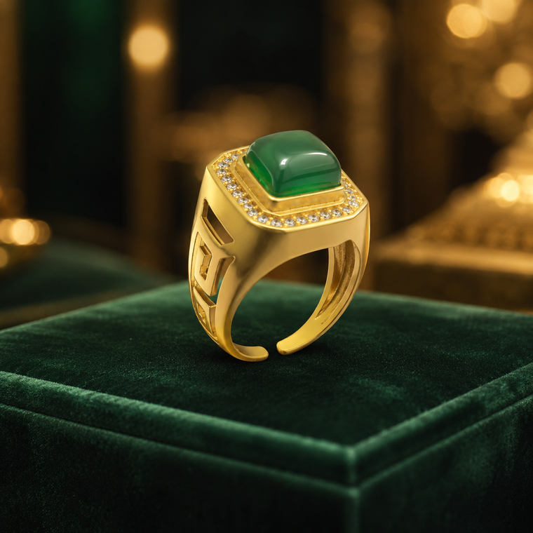 Square Green Agate Adjustable Signet Ring with CZ Accents
