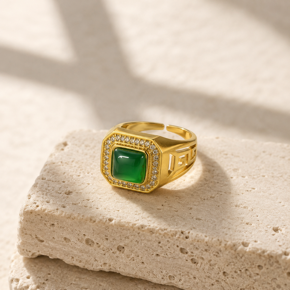 Square Green Agate Adjustable Signet Ring with CZ Accents