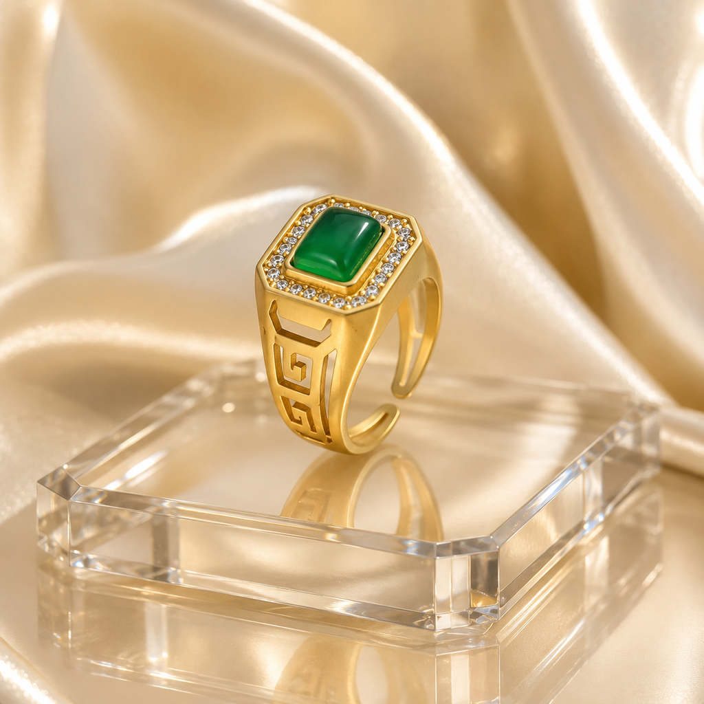 18K Gold Plated Square Green Agate Ring | Men's Adjustable Signet Band