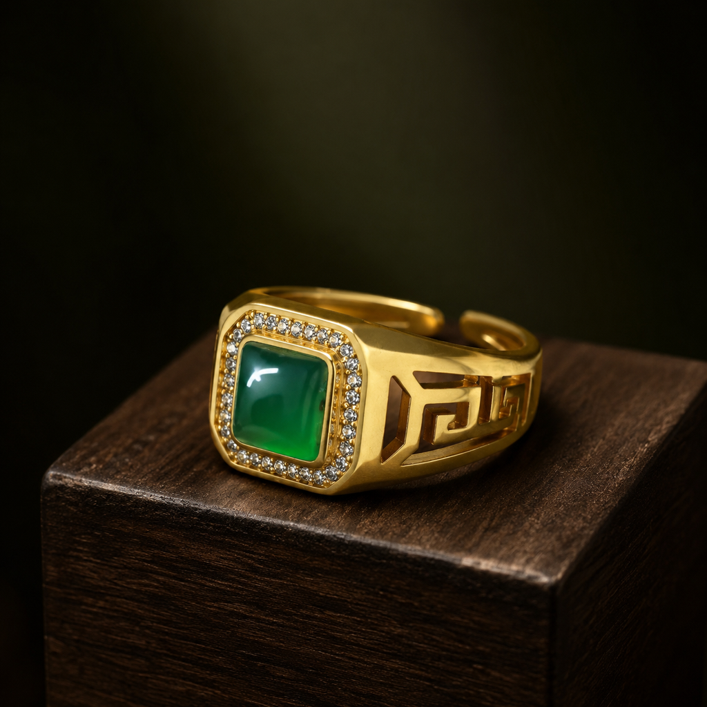 18K Gold Plated Square Green Agate Ring | Men's Adjustable Signet Band