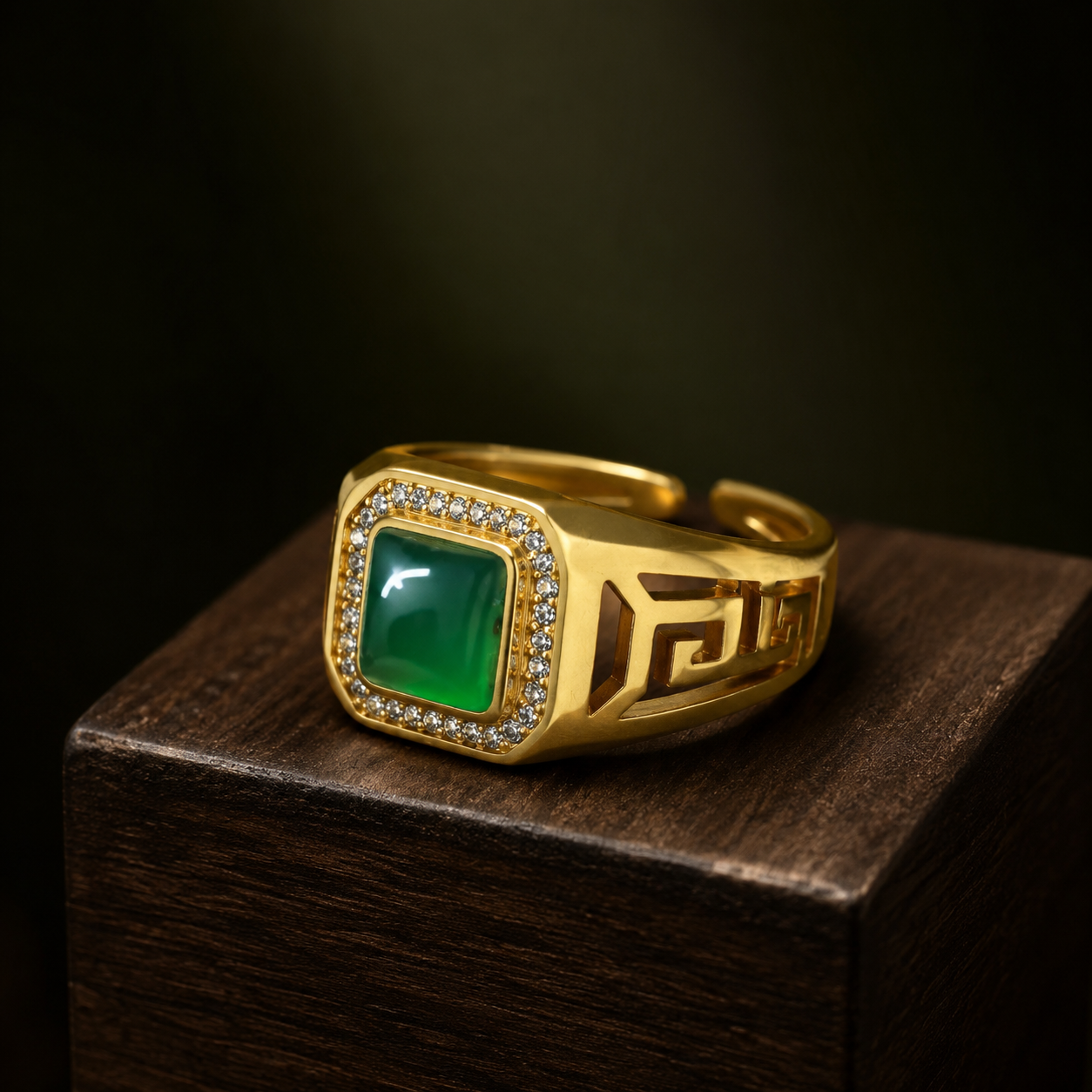 18K Gold Plated Square Green Agate Ring | Men's Adjustable Signet Band