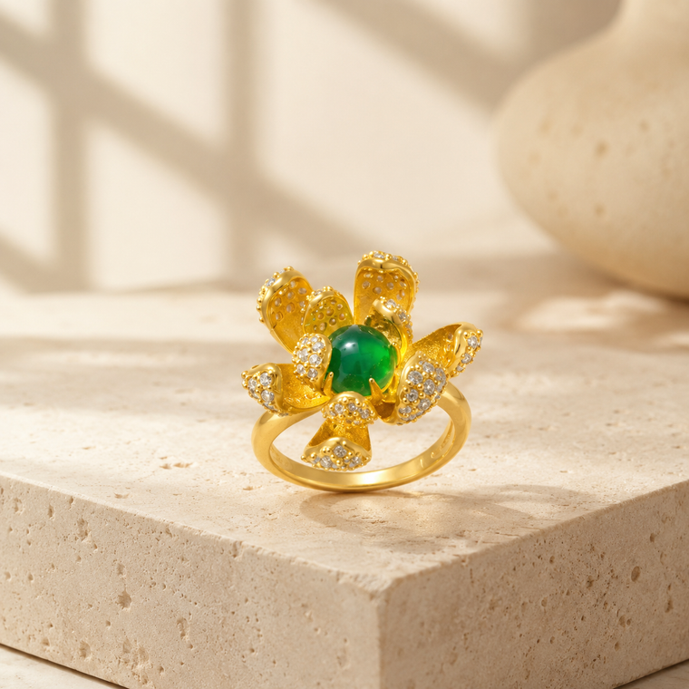 Green Agate Flower Ring with CZ Accents in 18K Gold-Plated Brass