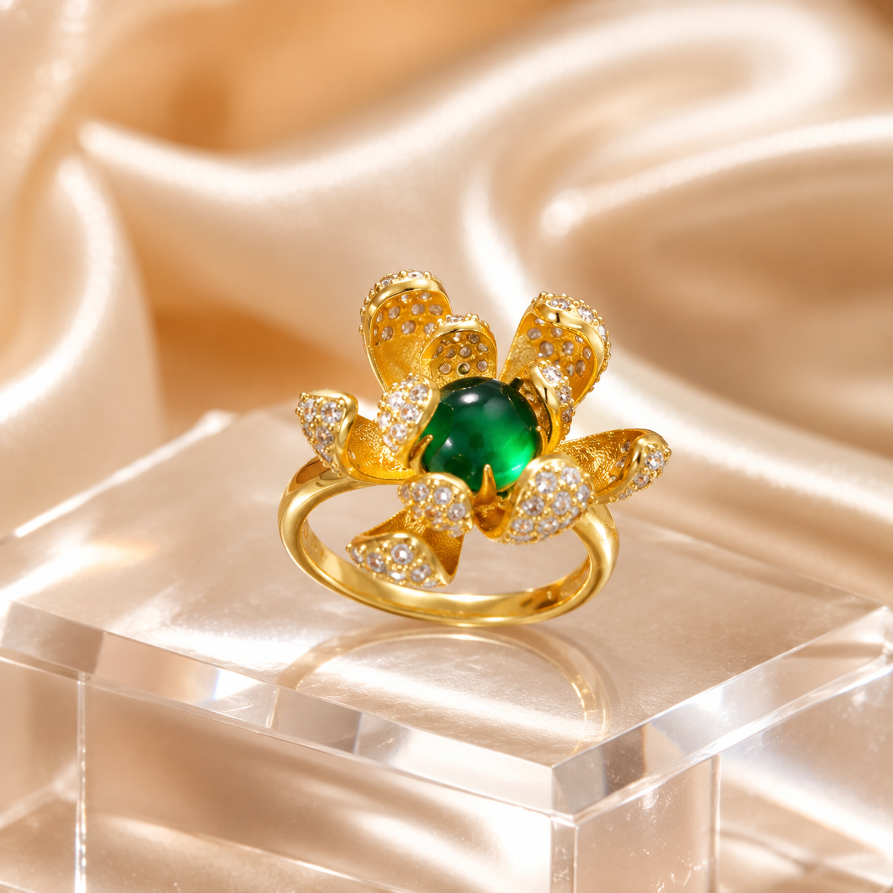 18K Gold Plated Green Agate Flower Ring | Pave CZ Statement Cocktail Ring