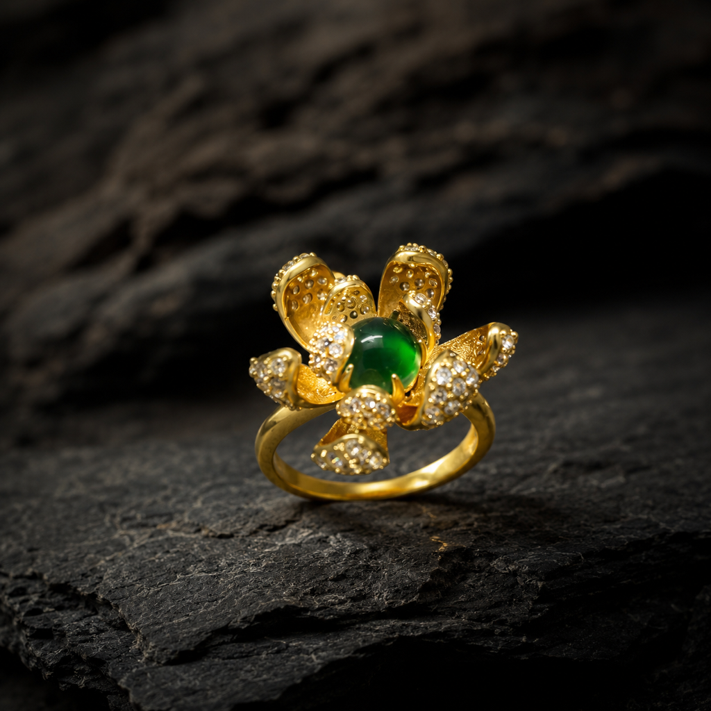 18K Gold Plated Green Agate Flower Ring | Pave CZ Statement Cocktail Ring