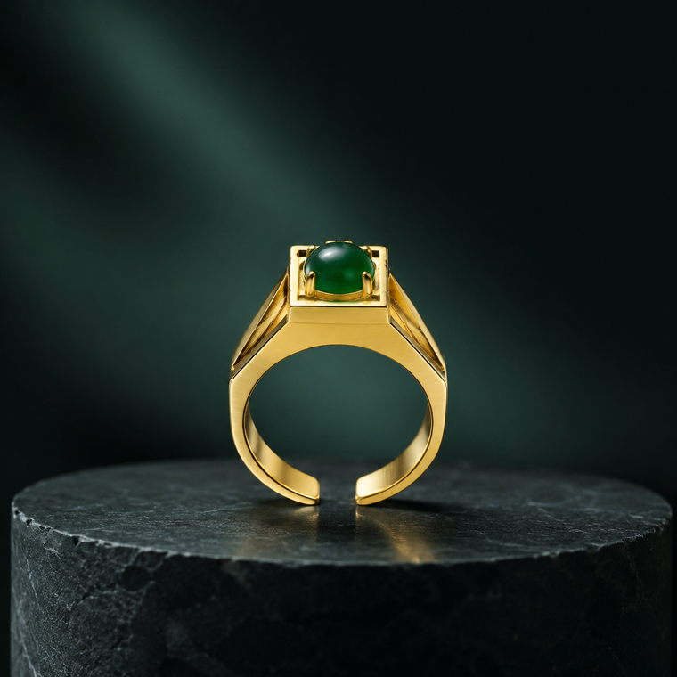 Square Green Agate Adjustable Ring in 18K Gold-Plated Brass
