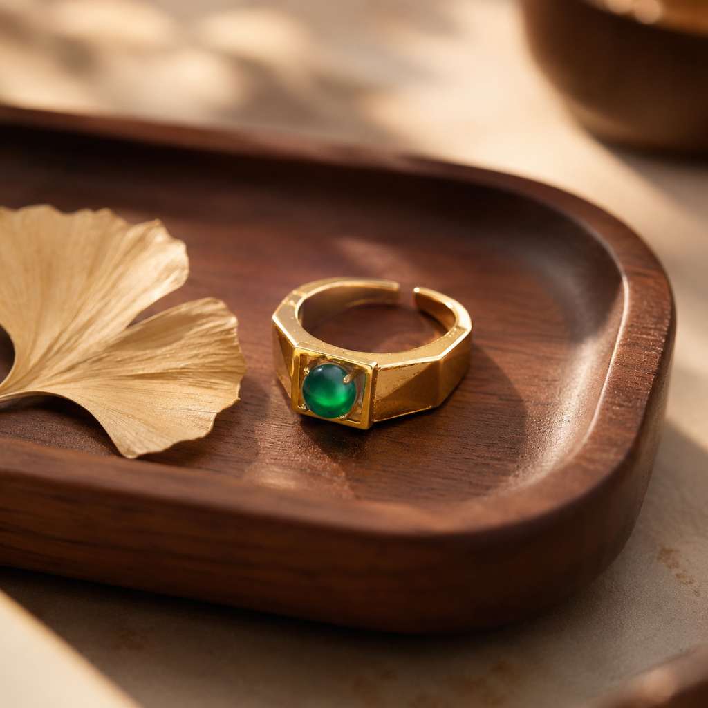 18K Gold Plated Green Agate Ring | Minimalist Square Adjustable Signet Band