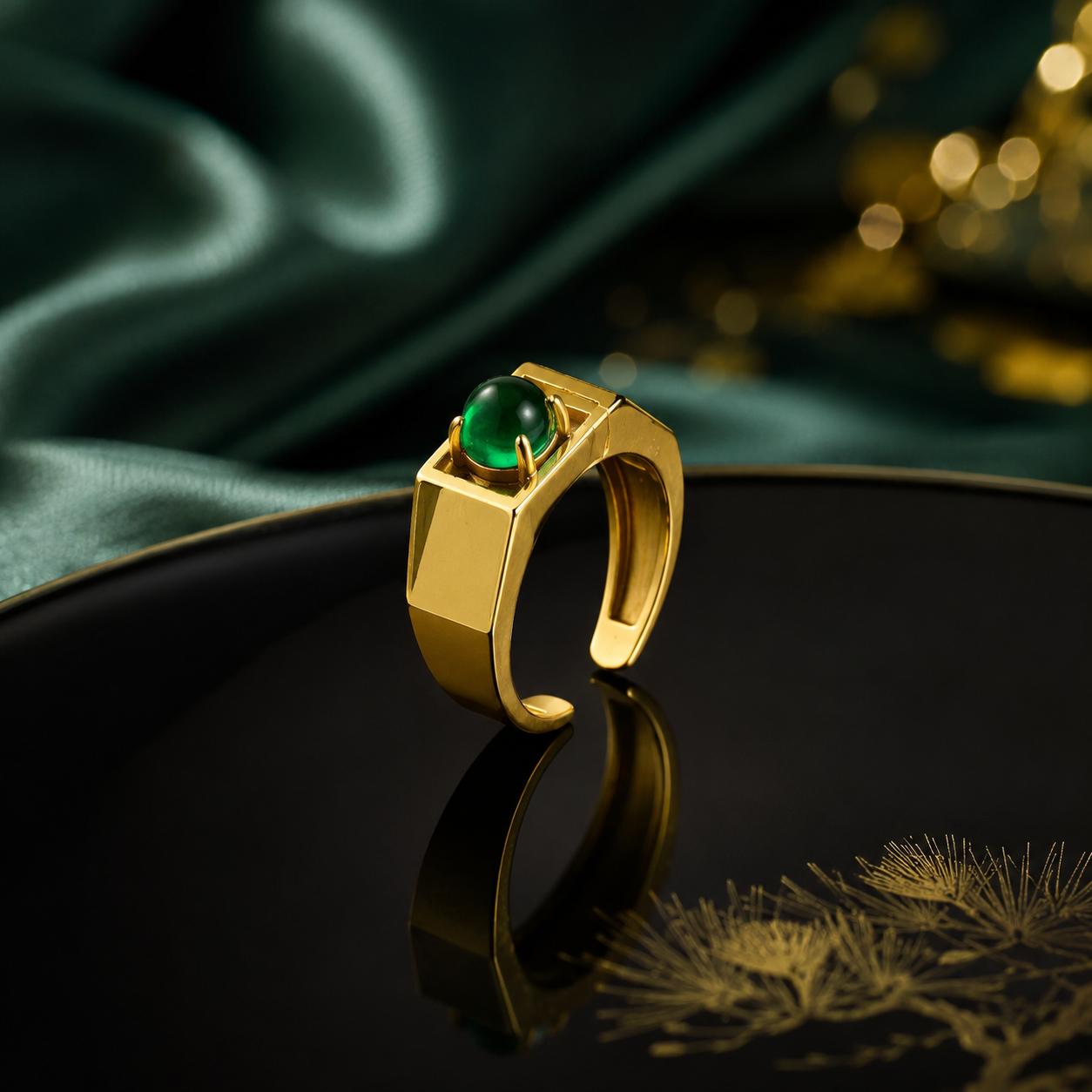 18K Gold Plated Green Agate Ring | Minimalist Square Adjustable Signet Band
