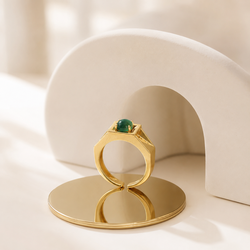 18K Gold Plated Green Agate Ring | Minimalist Square Adjustable Signet Band