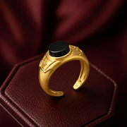 18K Gold Plated Black Agate Signet Ring | Round Adjustable Vintage Band