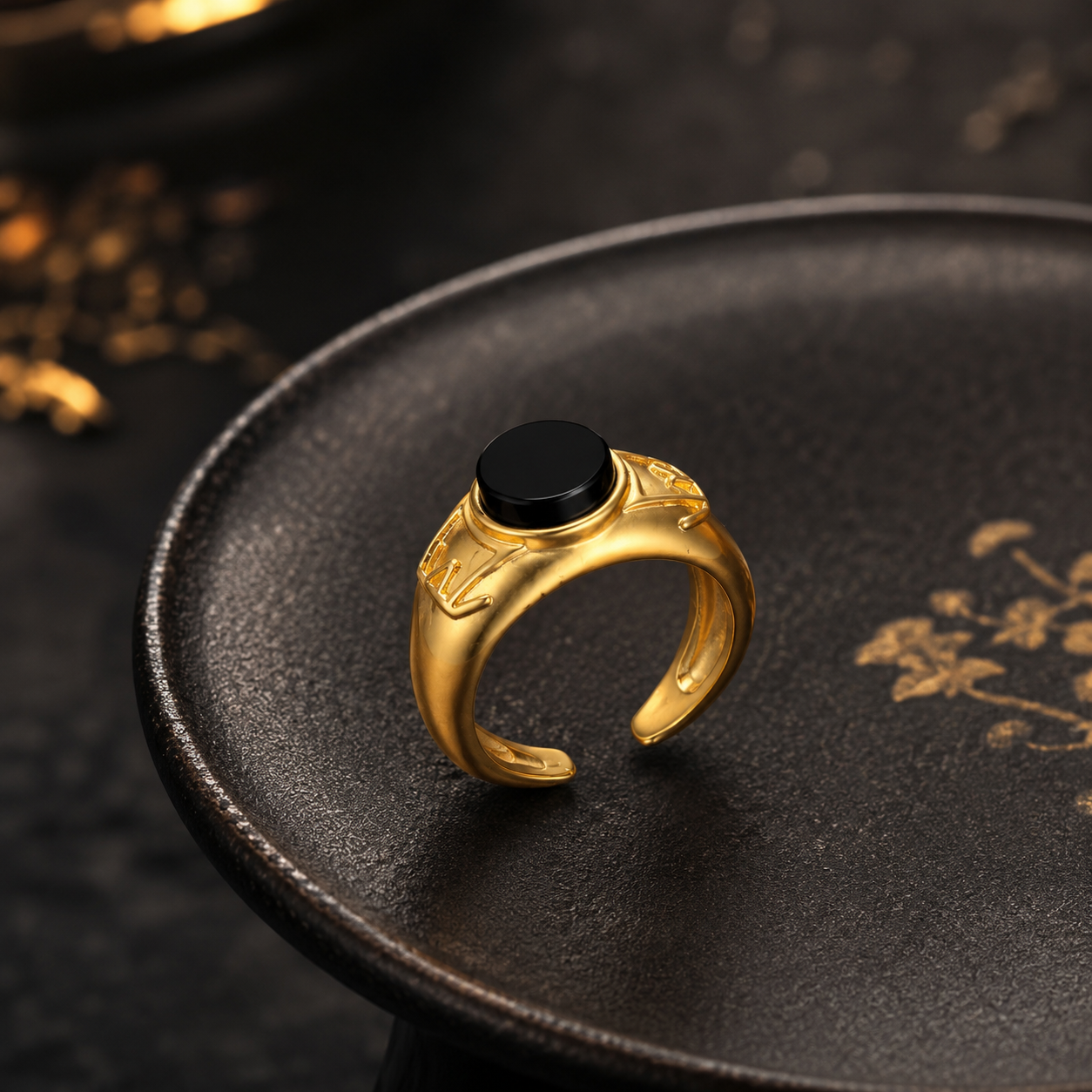 18K Gold Plated Black Agate Signet Ring | Round Adjustable Vintage Band