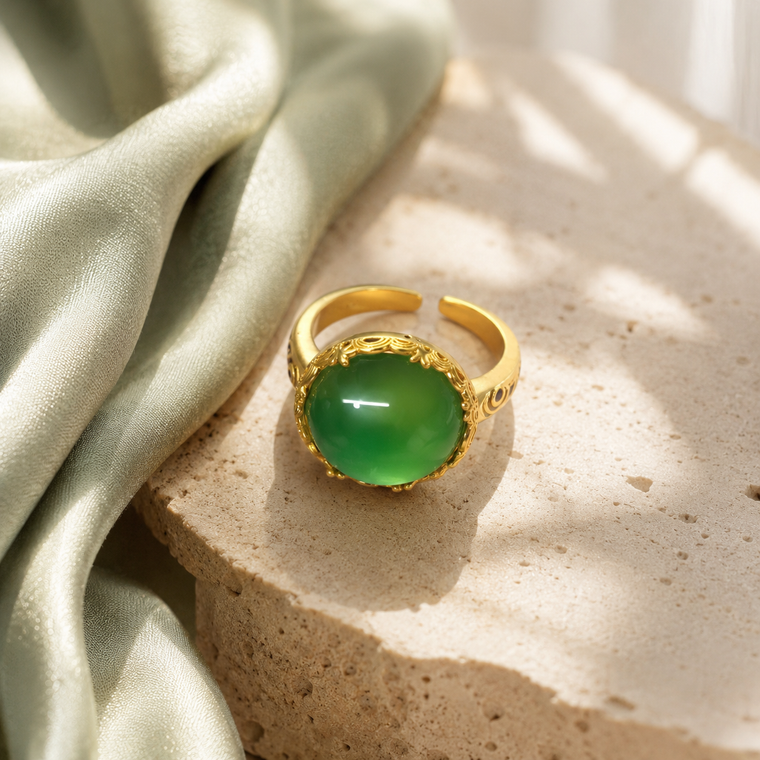 Oval Green Agate Filigree Adjustable Ring in 18K Gold-Plated Brass