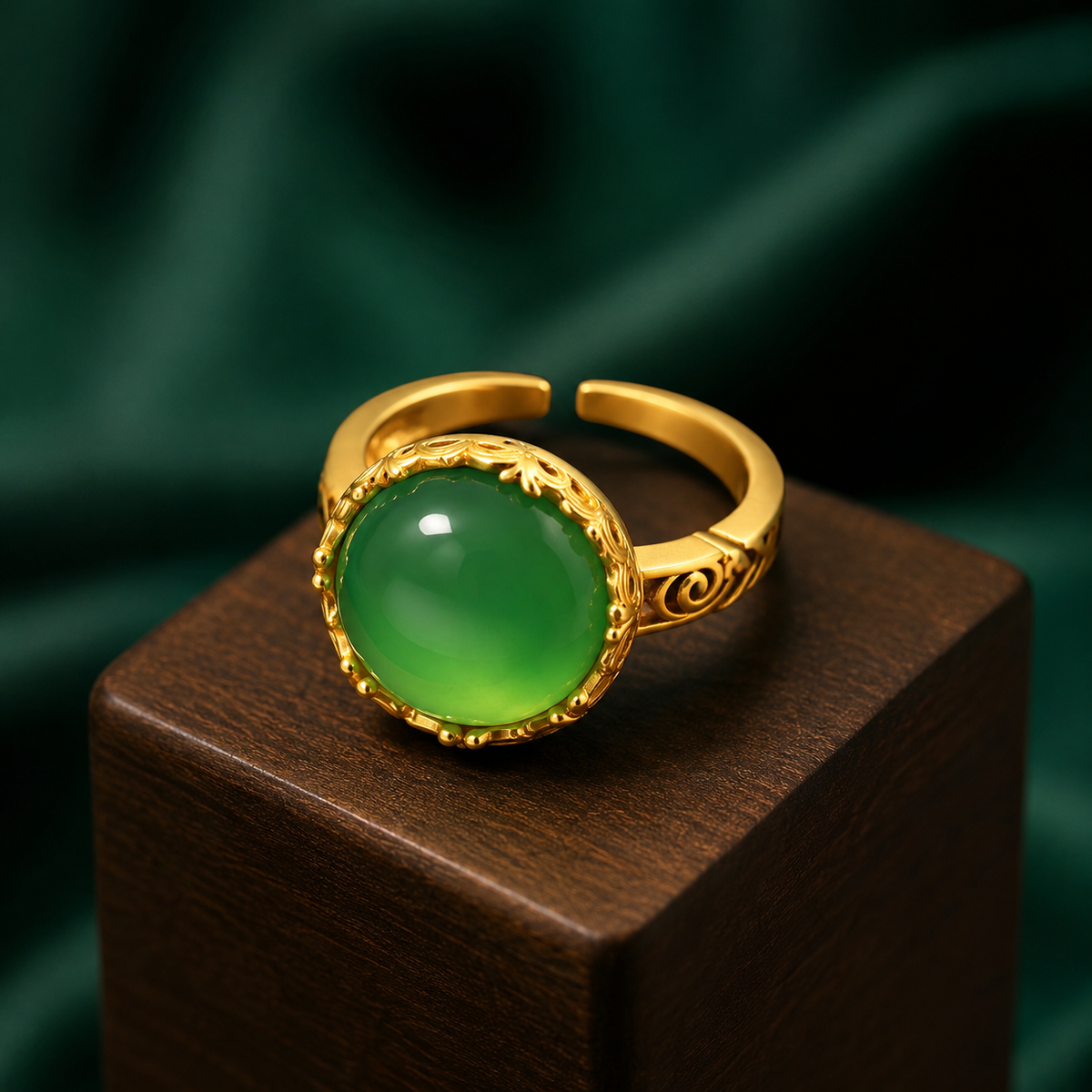 Oval Green Agate Filigree Adjustable Ring in 18K Gold-Plated Brass