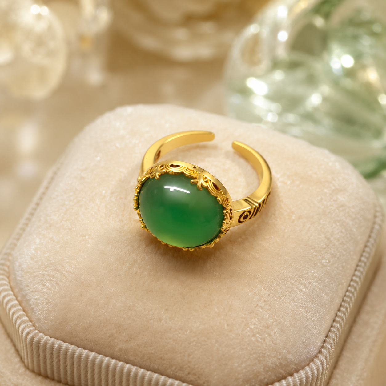 18K Gold Plated Oval Green Agate Ring | Vintage Filigree Adjustable Band