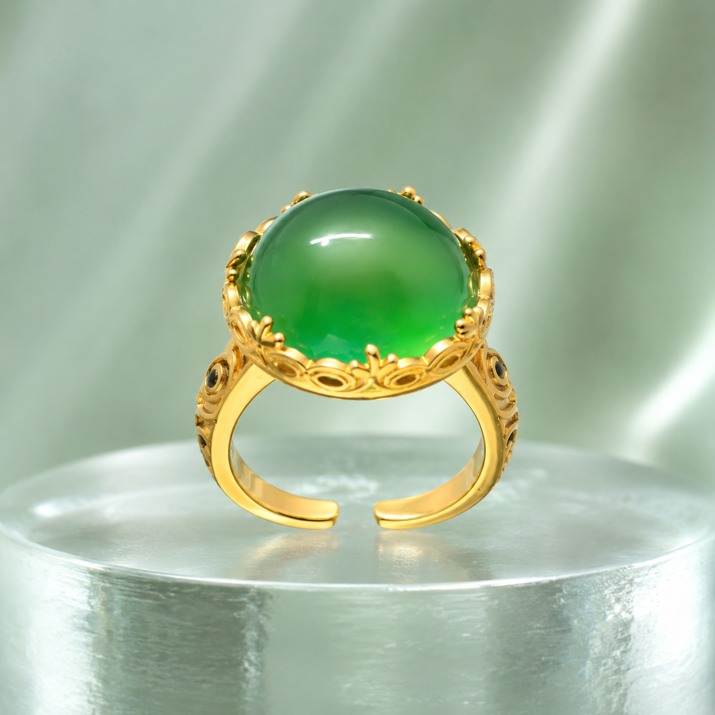18K Gold Plated Oval Green Agate Ring | Vintage Filigree Adjustable Band