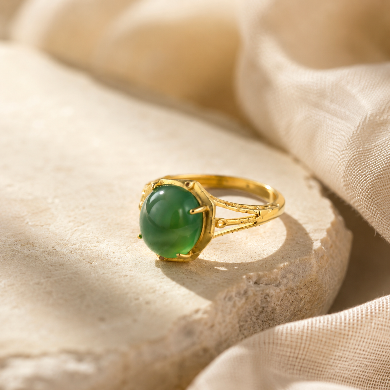 18K Gold Plated Green Agate Ring | Bamboo Textured Nature Inspired Band
