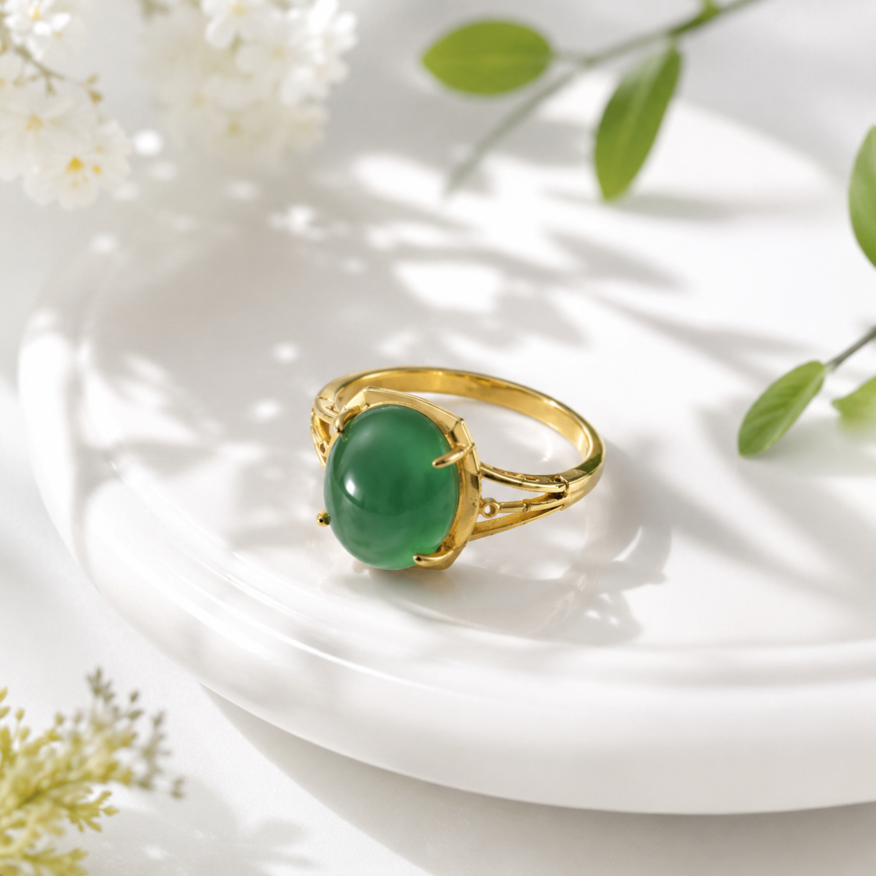 18K Gold Plated Green Agate Ring | Bamboo Textured Nature Inspired Band
