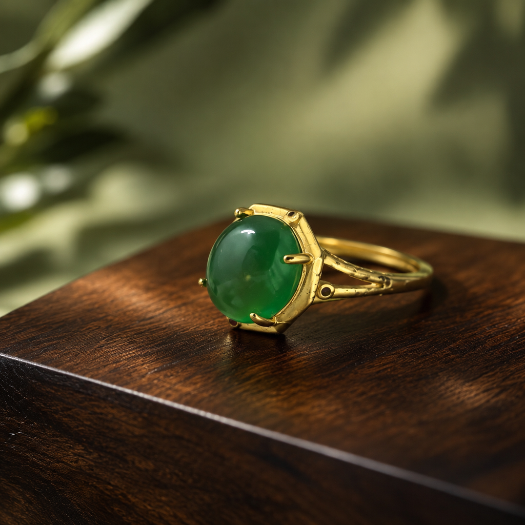 18K Gold Plated Green Agate Ring | Bamboo Textured Nature Inspired Band