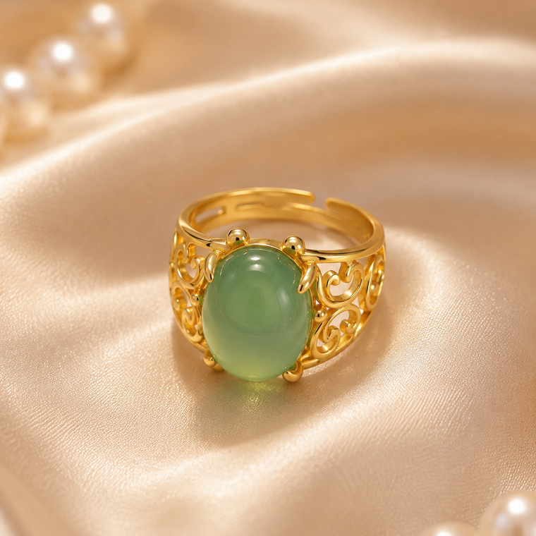 Oval Green Agate Filigree Adjustable Ring in 18K Gold-Plated Brass