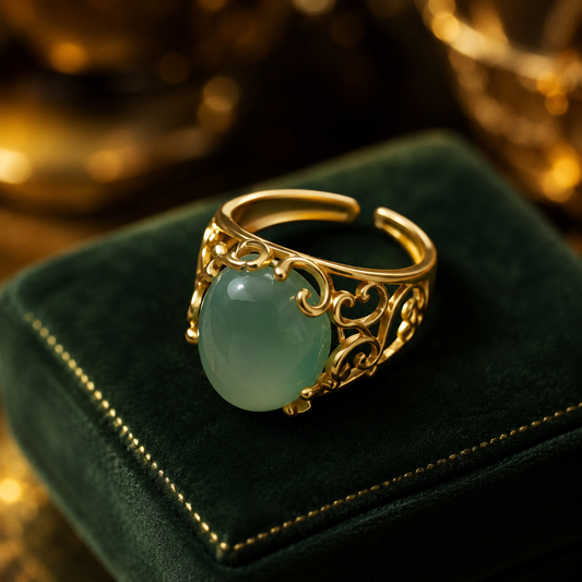 18K Gold Plated Green Agate Ring | Vintage Filigree Adjustable Statement Band