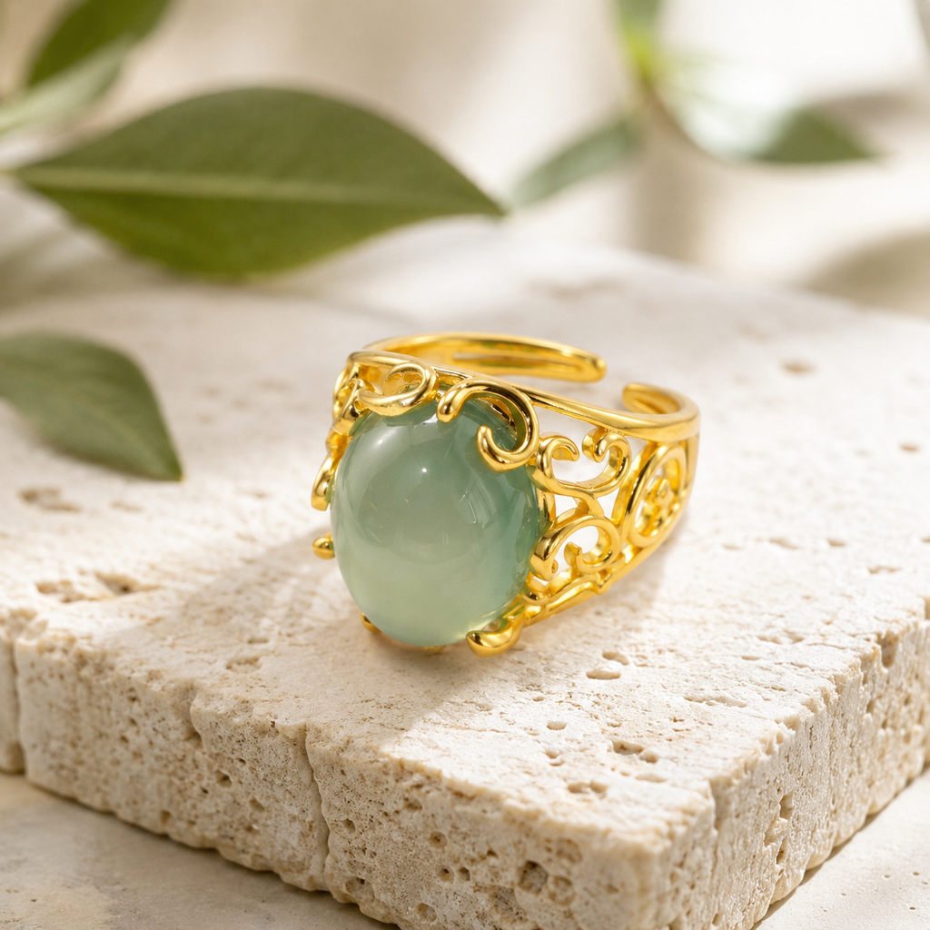 18K Gold Plated Green Agate Ring | Vintage Filigree Adjustable Statement Band