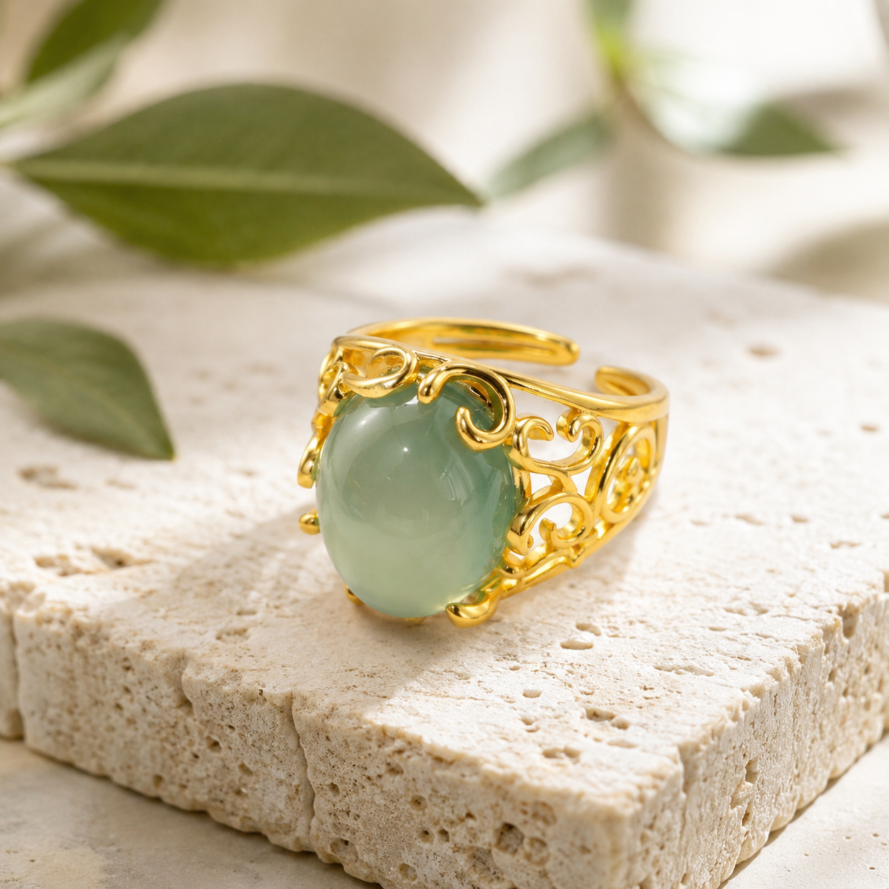 18K Gold Plated Green Agate Ring | Vintage Filigree Adjustable Statement Band