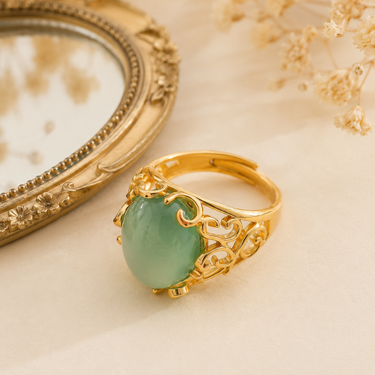 18K Gold Plated Green Agate Ring | Vintage Filigree Adjustable Statement Band