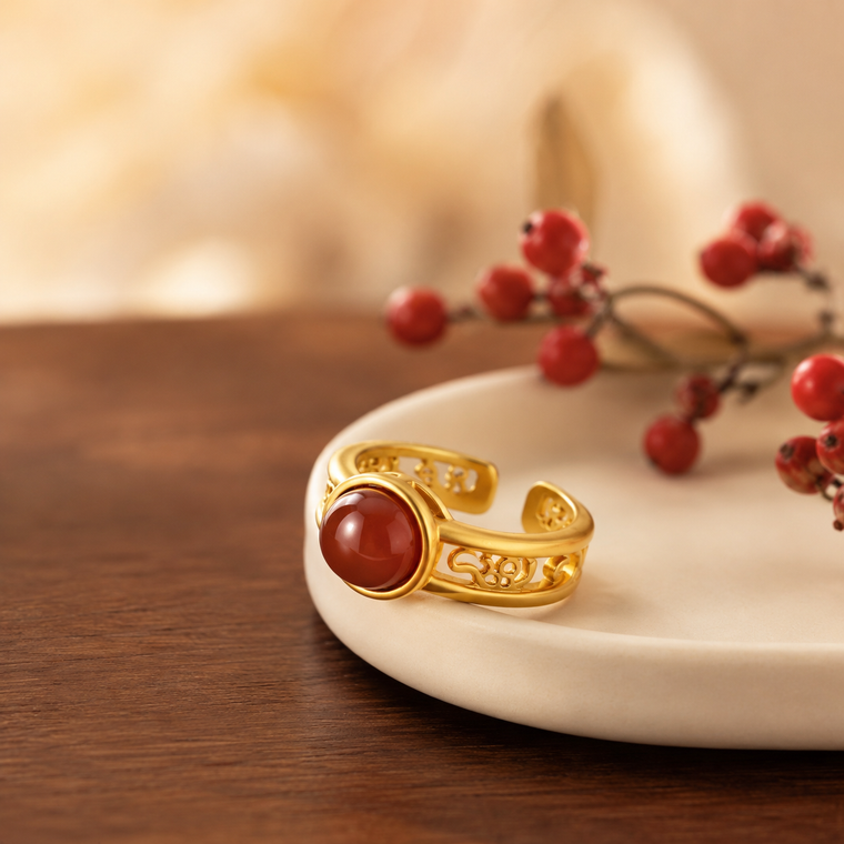 Red Agate Filigree Adjustable Ring in 18K Gold-Plated Brass