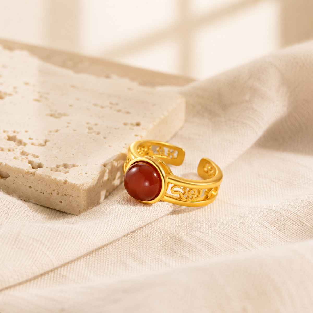 Red Agate Filigree Adjustable Ring in 18K Gold-Plated Brass
