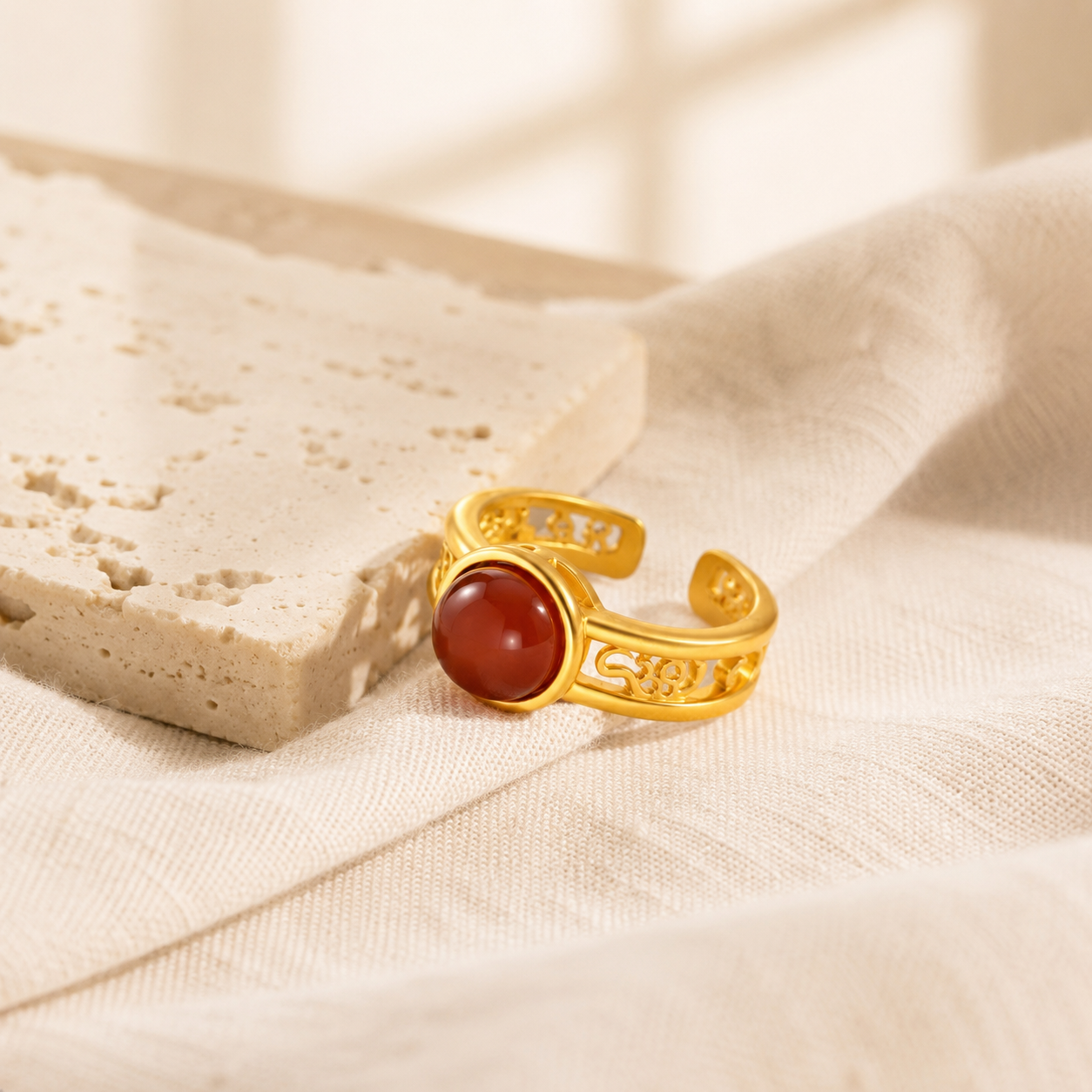 18K Gold Plated Red Agate Ring | Vintage Filigree Adjustable Open Band