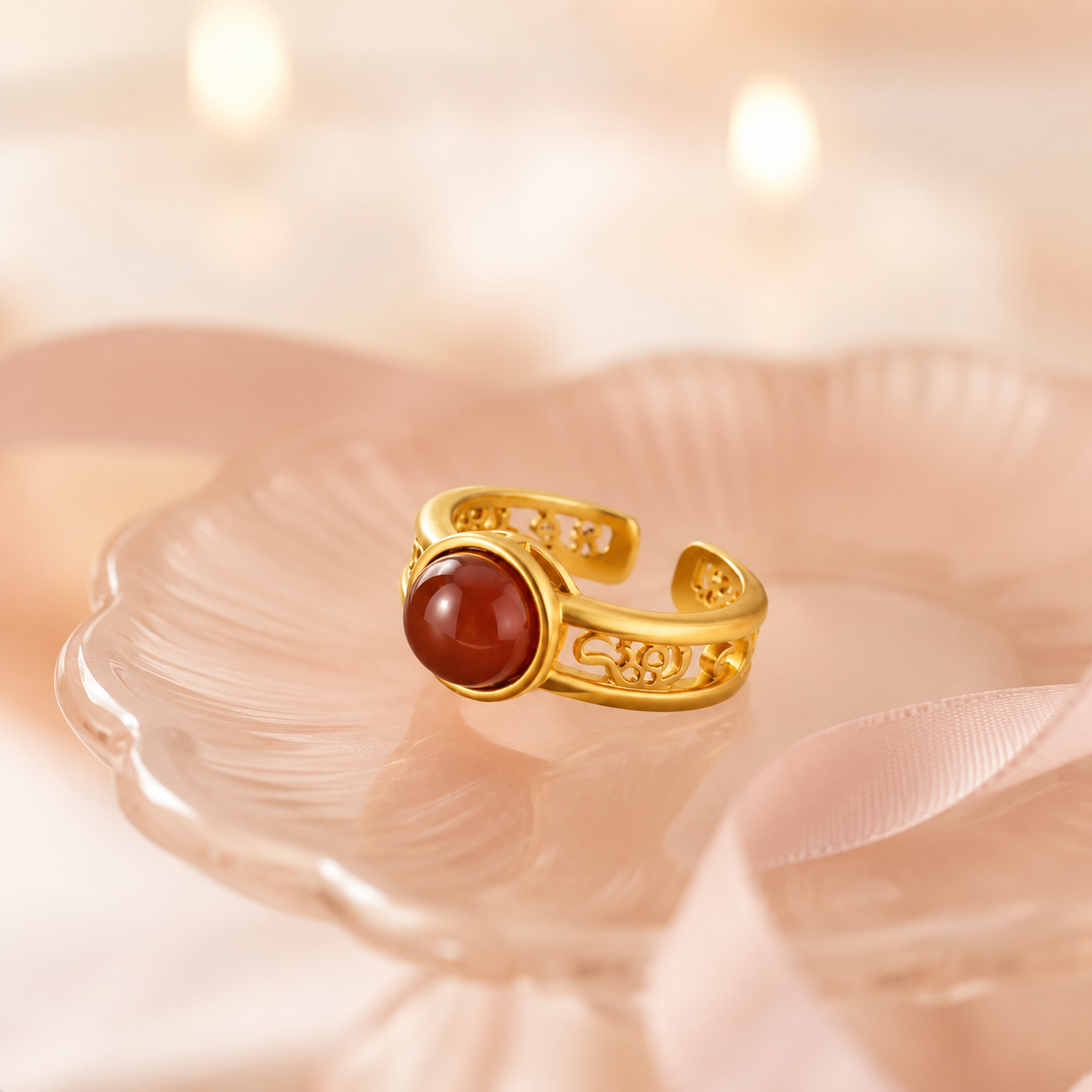 18K Gold Plated Red Agate Ring | Vintage Filigree Adjustable Open Band