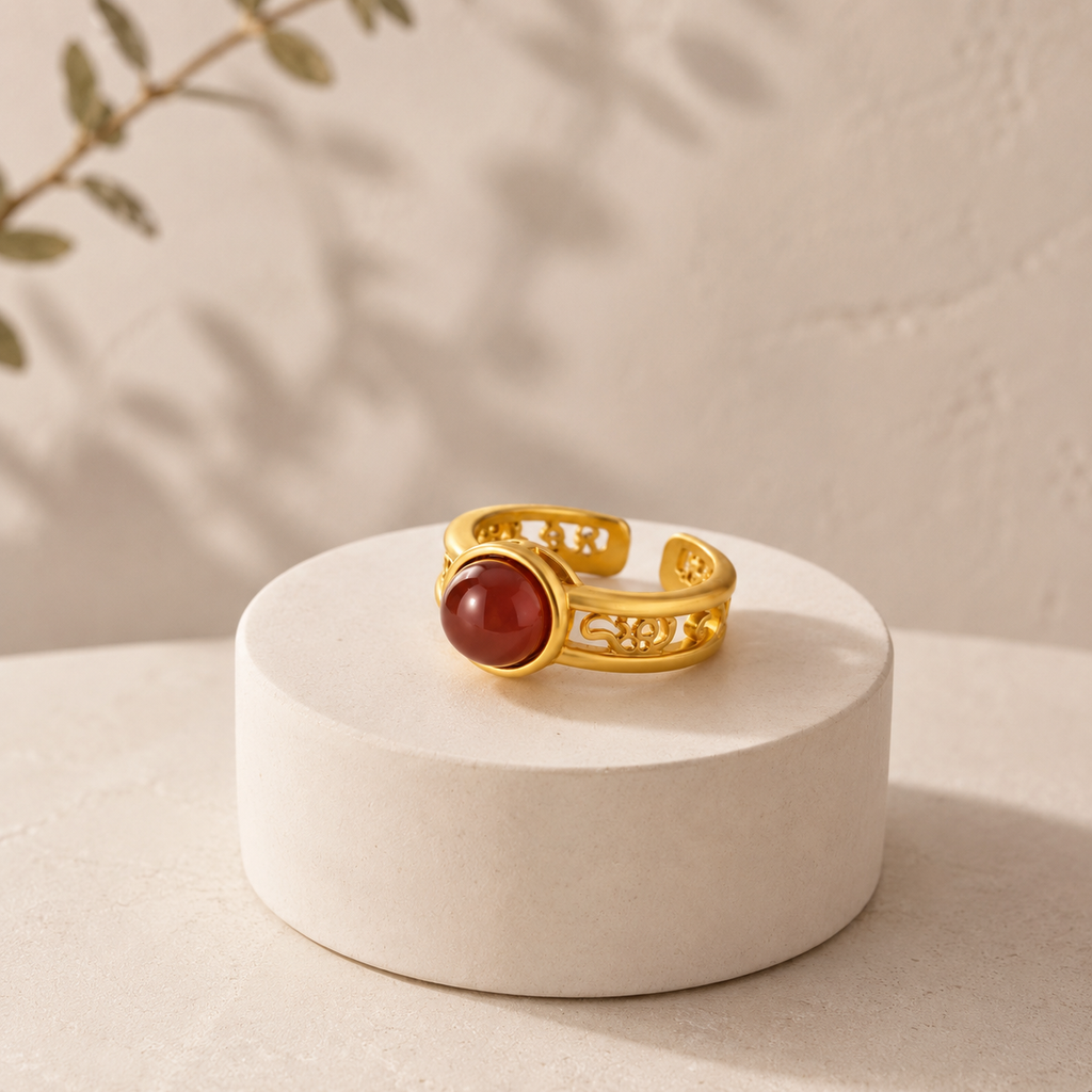18K Gold Plated Red Agate Ring | Vintage Filigree Adjustable Open Band