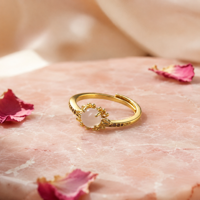 White Agate Floral Adjustable Ring in 18K Gold-Plated Brass