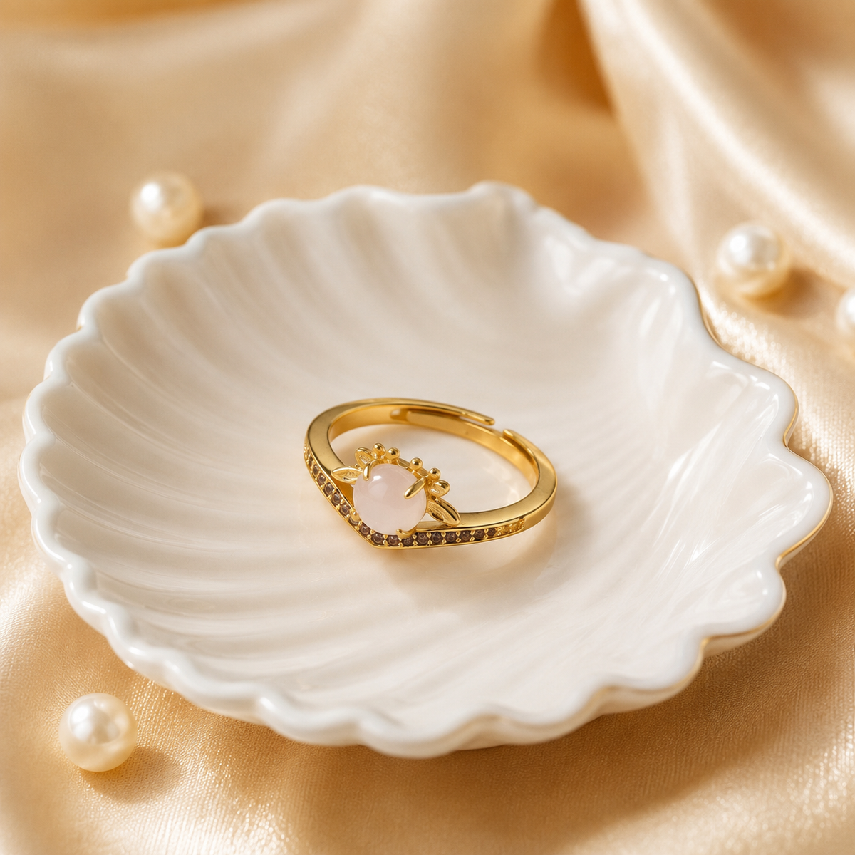 White Agate Floral Adjustable Ring in 18K Gold-Plated Brass
