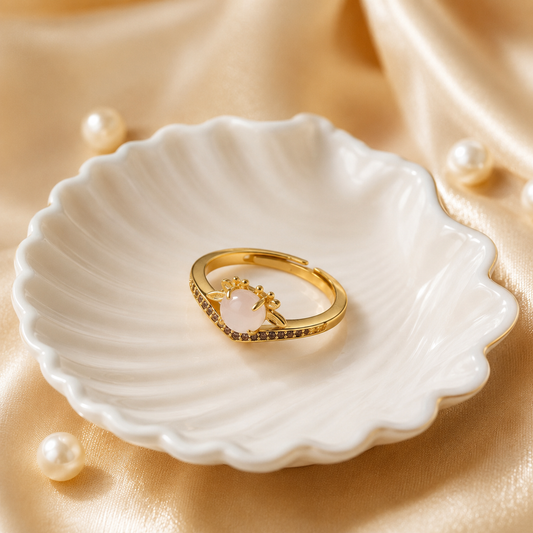 18K Gold Plated White Agate Ring | Dainty Floral Adjustable Band