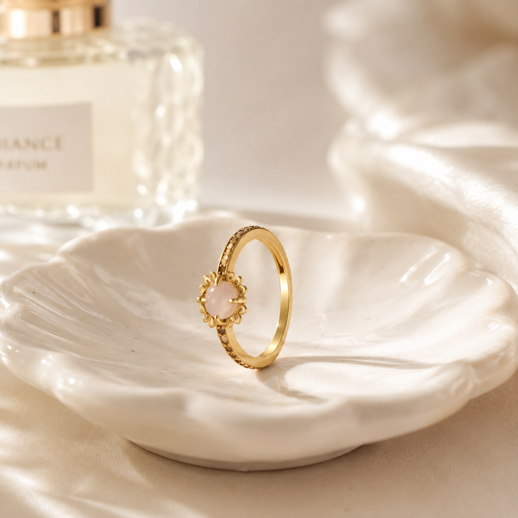 18K Gold Plated White Agate Ring | Dainty Floral Adjustable Band