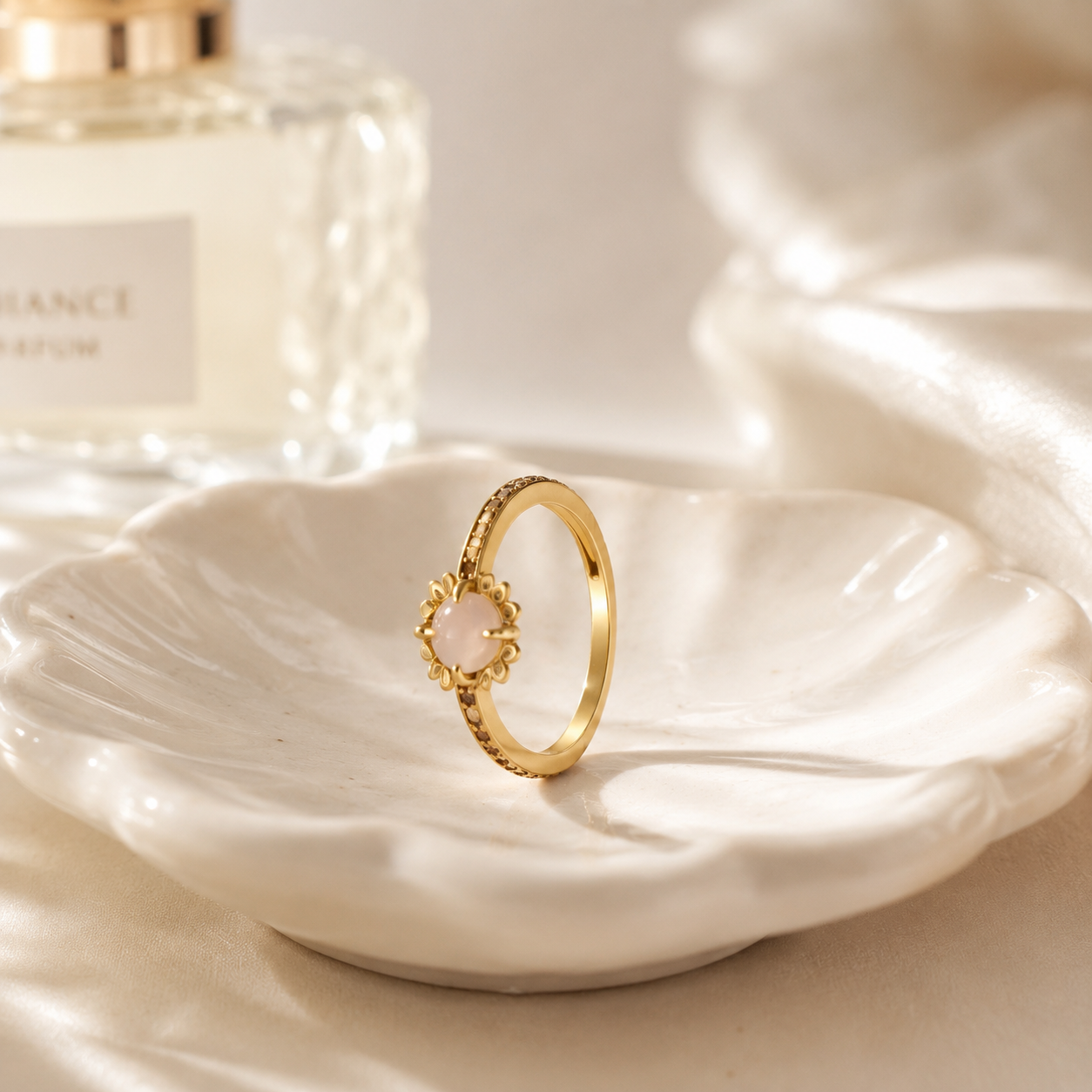 18K Gold Plated White Agate Ring | Dainty Floral Adjustable Band