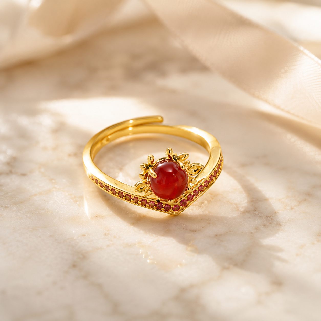 18K Gold Plated Red Agate Chevron Ring | Adjustable Pave Statement Band