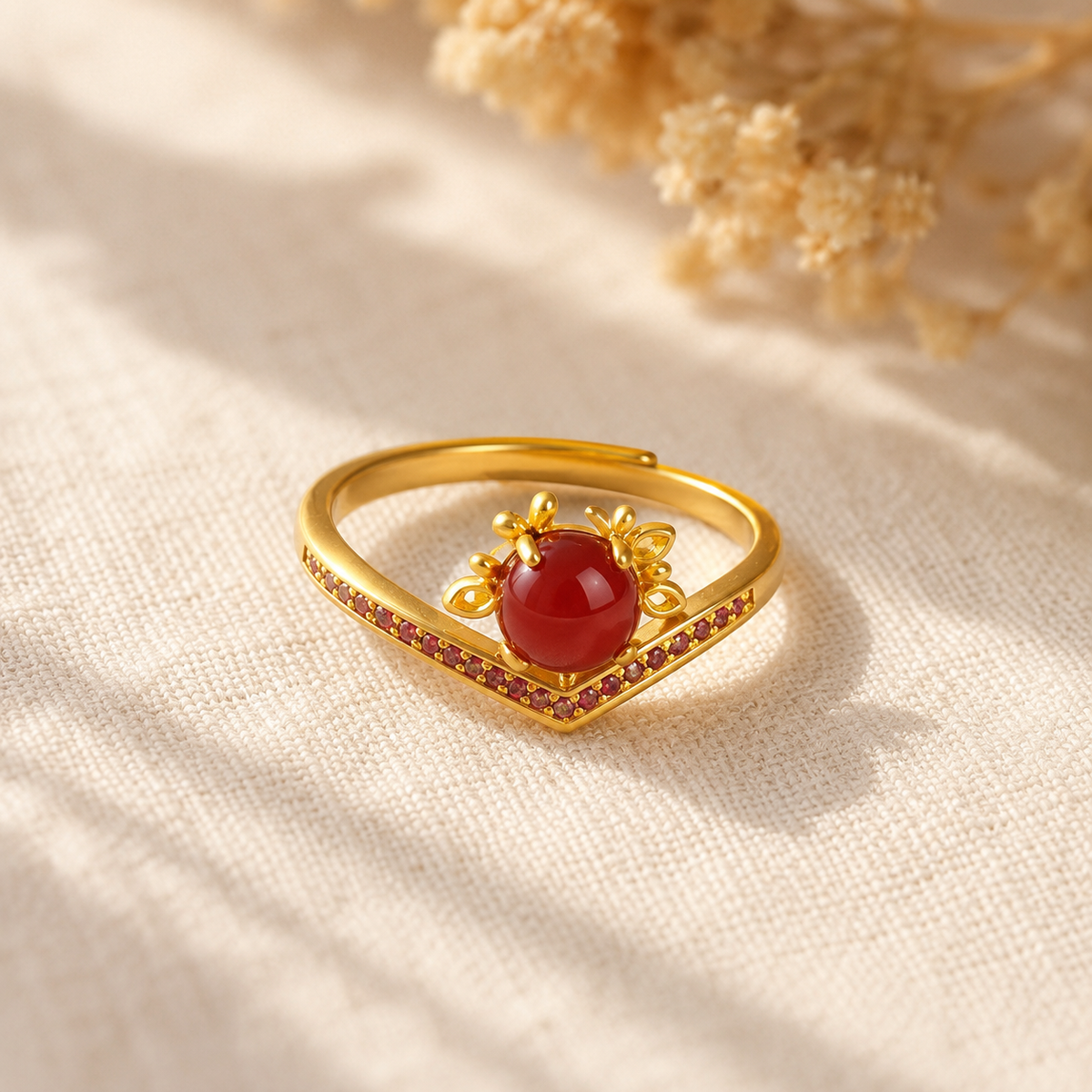 Red Agate Chevron Adjustable Ring with Red Stone Accents